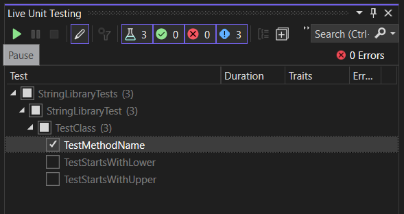 Screenshot, der den Playlist-Editor für Live Unit Testing zeigt.