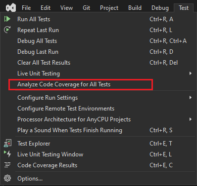 Screenshot: Menü „Test“ mit hervorgehobener Option „Code Coverage analysieren“