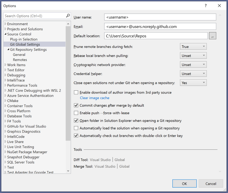 Dialogfeld „Optionen“, in dem Sie Einstellungen zum Personalisieren und Anpassen in der Visual Studio-IDE auswählen können