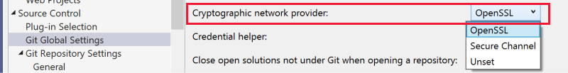 Screenshot: „Kryptografienetzwerkanbieter“ hervorgehoben mit ausgewählter Option „OpenSSL“ in der Dropdownliste.