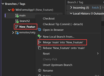 Screenshot des Zusammenführens von Zweigen in Visual Studio.