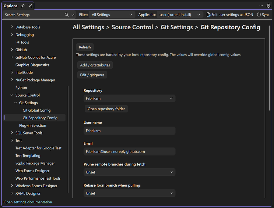 Screenshot der Git Repository Config-Optionen in Visual Studio.