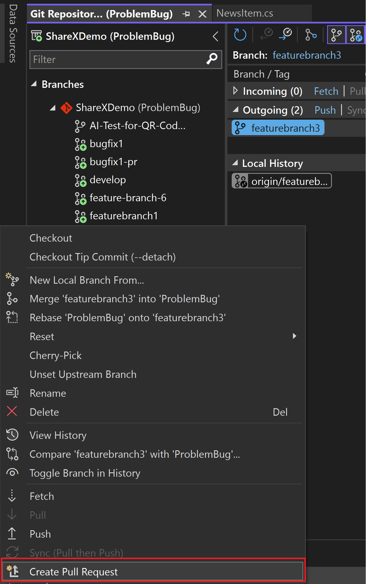 Das Fenster „Git Repository“ mit hervorgehobenem Linktext „ausgehend/eingehend“ in Visual Studio 2022.
