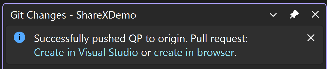 Screenshot des Fensters „Git-Änderungen“ mit der Infoleiste „Der Pushvorgang von QP nach ‚origin/master‘ war erfolgreich. Pull Request: In Visual Studio erstellen oder im Browser erstellen.“ in Visual Studio 2022.