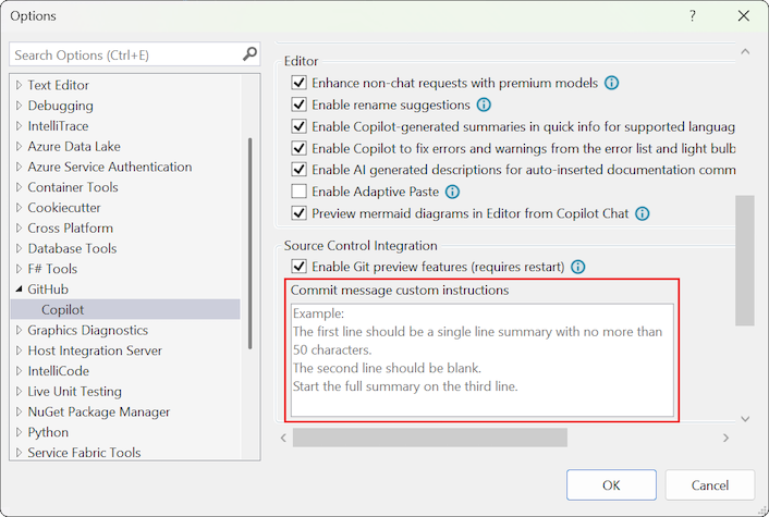 Screenshot: Seite „Extras&nbsp;> Optionen&nbsp;> GitHub Copilot-Einstellungen“ mit einem benutzerdefinierten Prompt zum Commit von Nachrichten