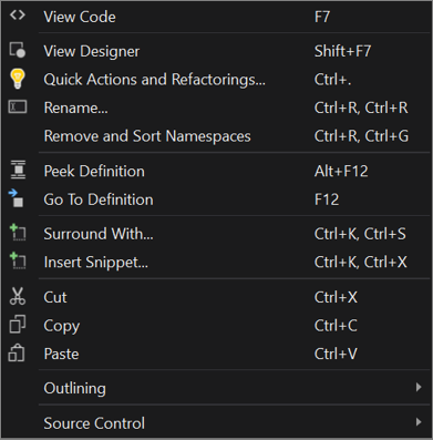 Screenshot of the XAML code editor's right-click context menu in Visual Studio 2019.