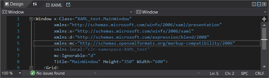 The XAML code editor window in Visual Studio