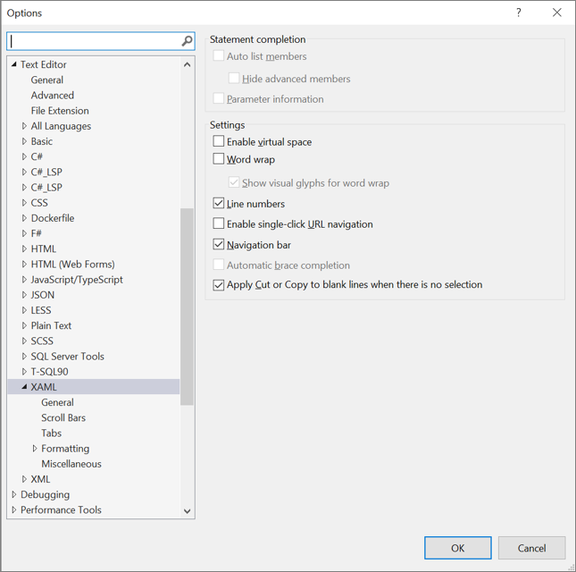The Options list for the XAML text editor