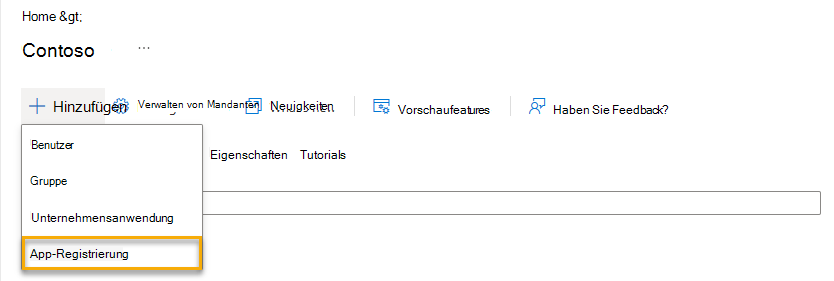 Screenshot: Azure-Portal Erweitertes Menü zum Hinzufügen mit hervorgehobener App-Registrierung