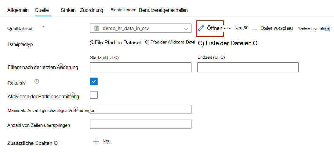 Screenshot: Öffnen des Quelldatasets