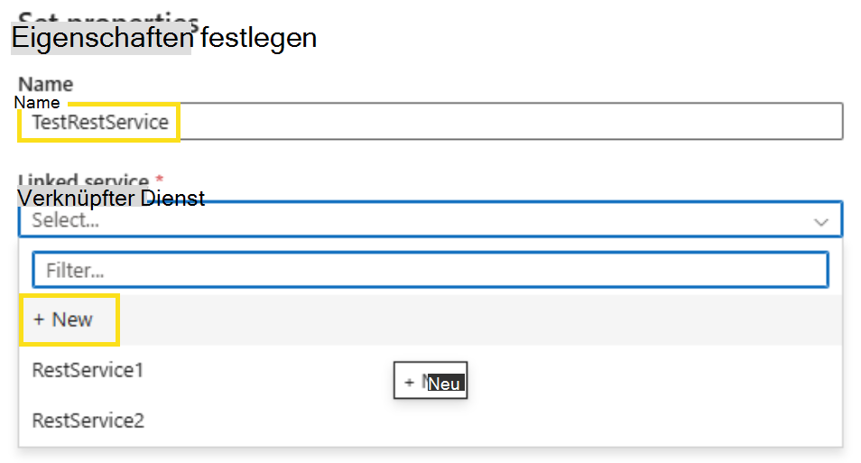 Screenshot: Benennen des Diensts und Hinzufügen eines neuen verknüpften Diensts