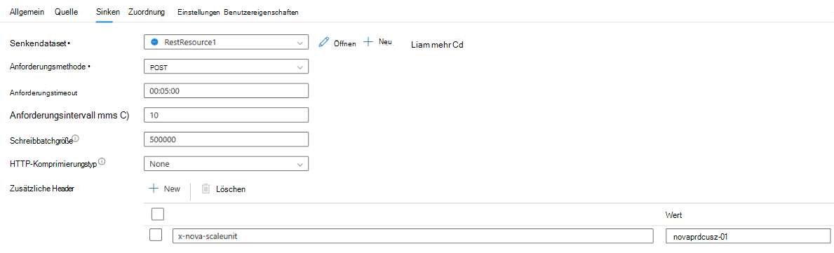 Screenshot: Eingeben der Senkeneinstellungen