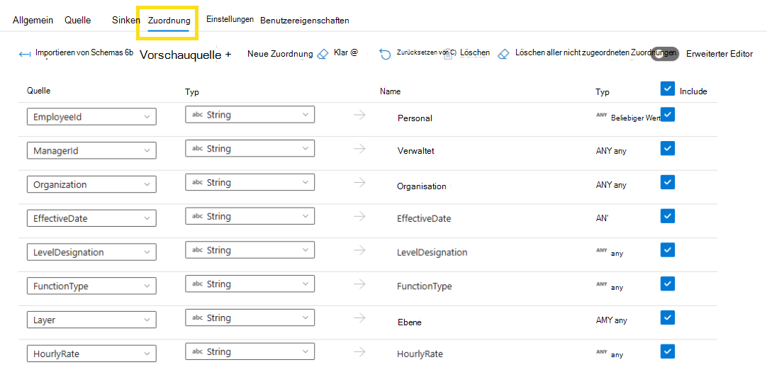 Screenshot, der zeigt, wie Aktivitätseinstellungen für die Zuordnung eingegeben werden.