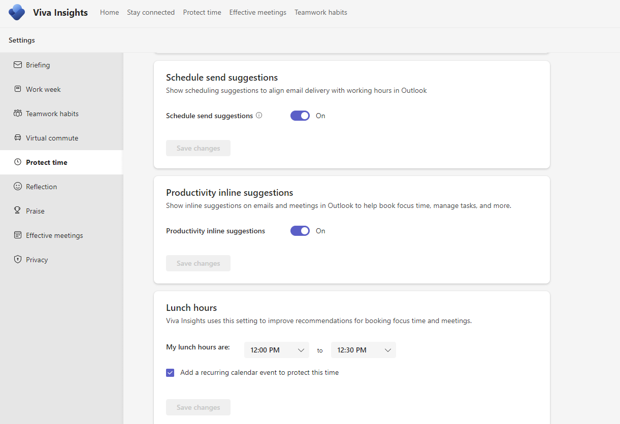 Screenshot: Einstellungen für Mittagspause, Senden von Vorschlägen planen und Produktivitätsinlinevorschläge