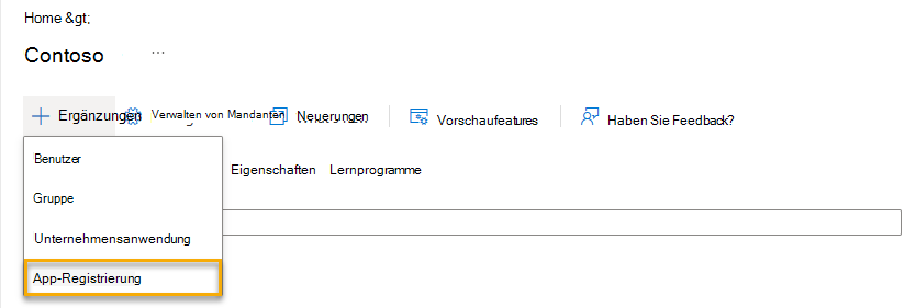 Screenshot: Hinzufügen einer neuen App-Registrierung