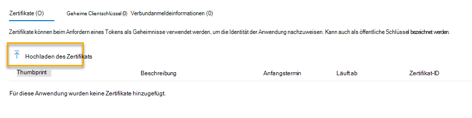 Screenshot: Hochladen eines Zertifikats