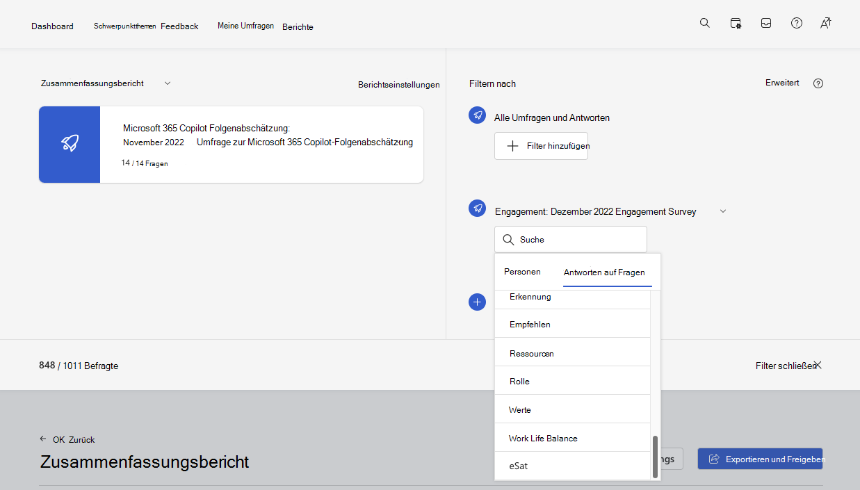 Screenshot der programmübergreifenden Filterung nach Frageantwort mit der Umfrage 