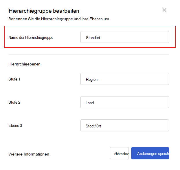 Screenshot des Viva Glint-Dialogfelds zum Bearbeiten eines Hierarchiegruppennamens.