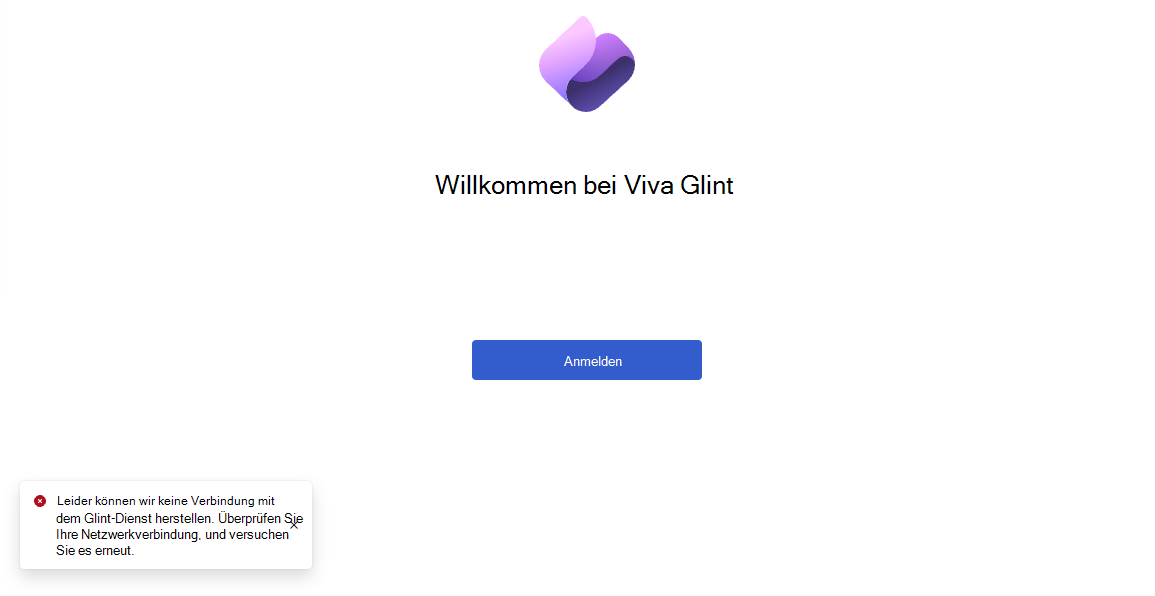 Screenshot einer Viva Glint Fehlermeldung für ein Verbindungsproblem.