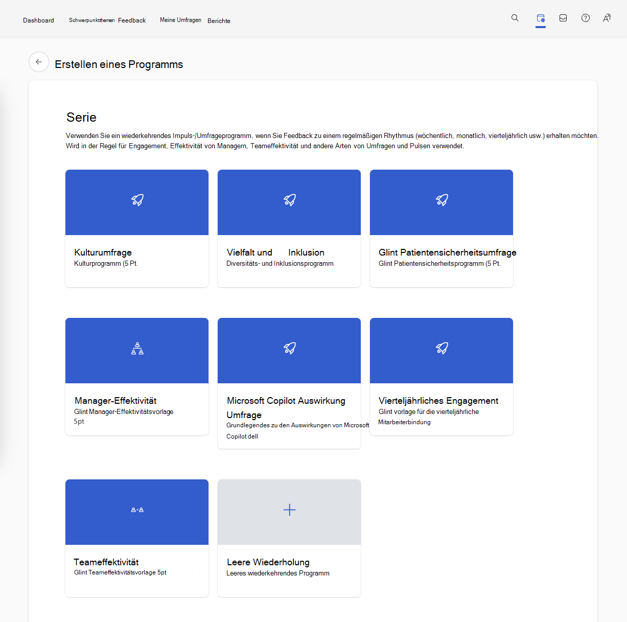 Screenshot von Viva Glint Vorlagen für wiederkehrende Umfragen, die für Administratoren verfügbar sind.