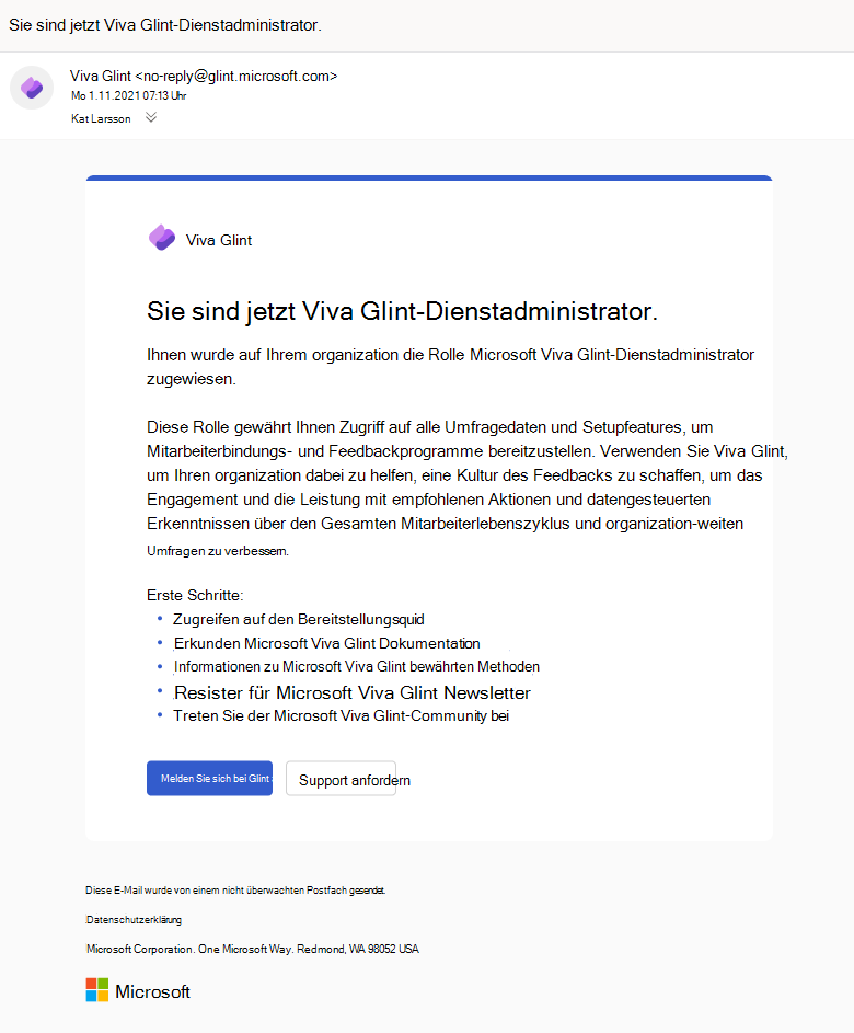 Screenshot der E-Mail-Benachrichtigung, die Viva Glint-Dienstadministratoren erhalten, wenn sie der Administratorrolle hinzugefügt werden.
