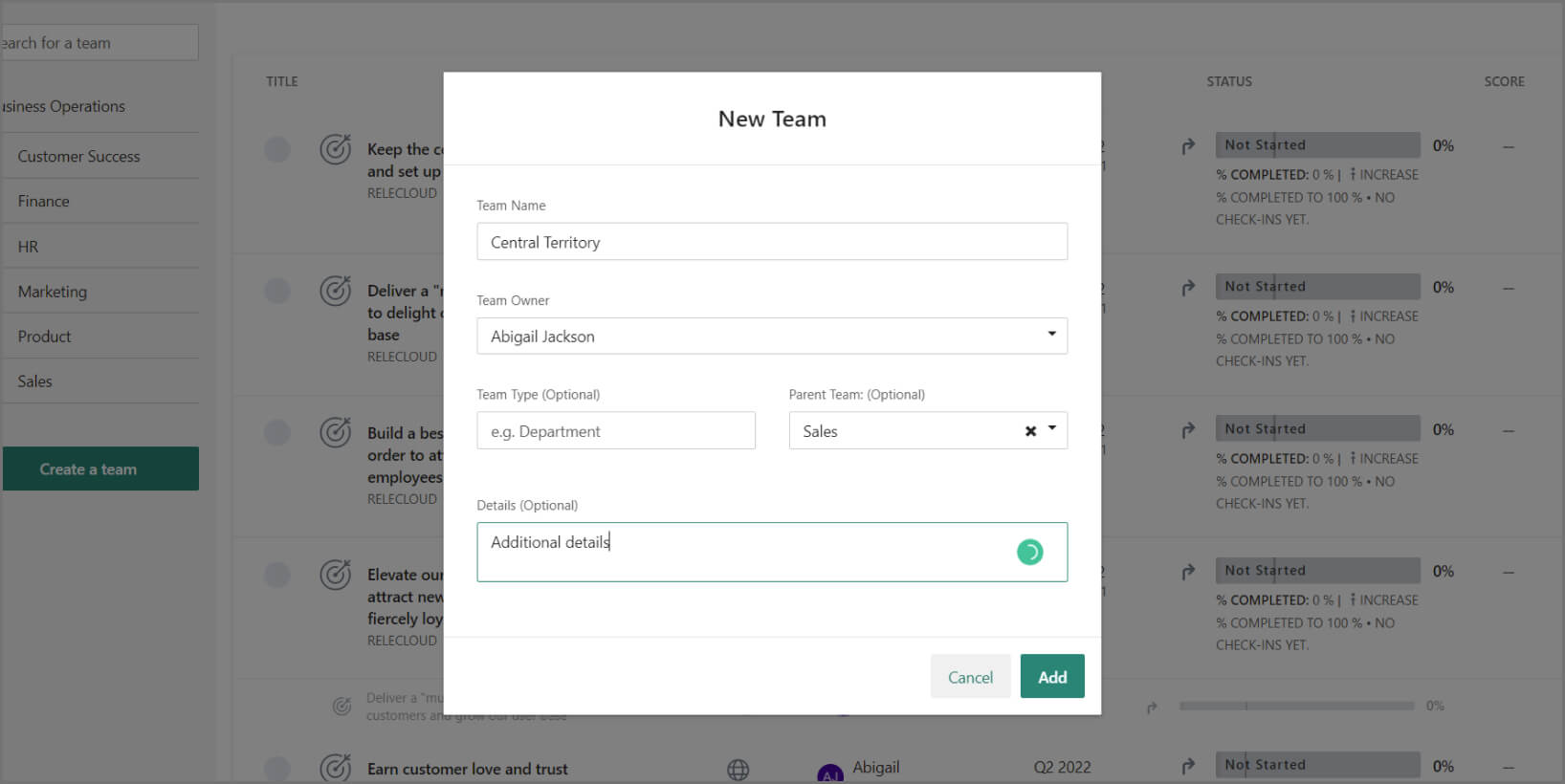 Screenshot: Menüoptionen beim Erstellen eines Teams