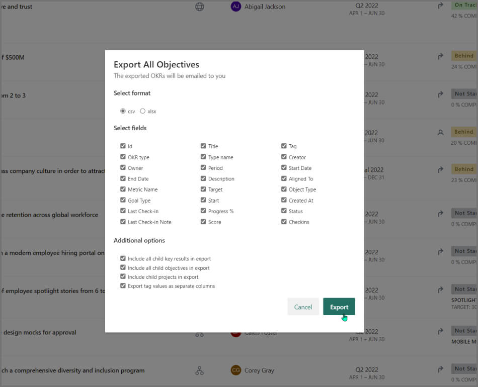 Screenshot: Filteroptionen für Exporte