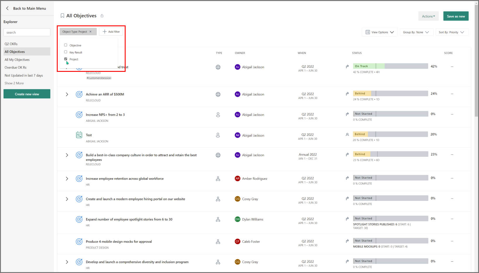 Screenshot: Auswählen der Filterung für alle Initiativen