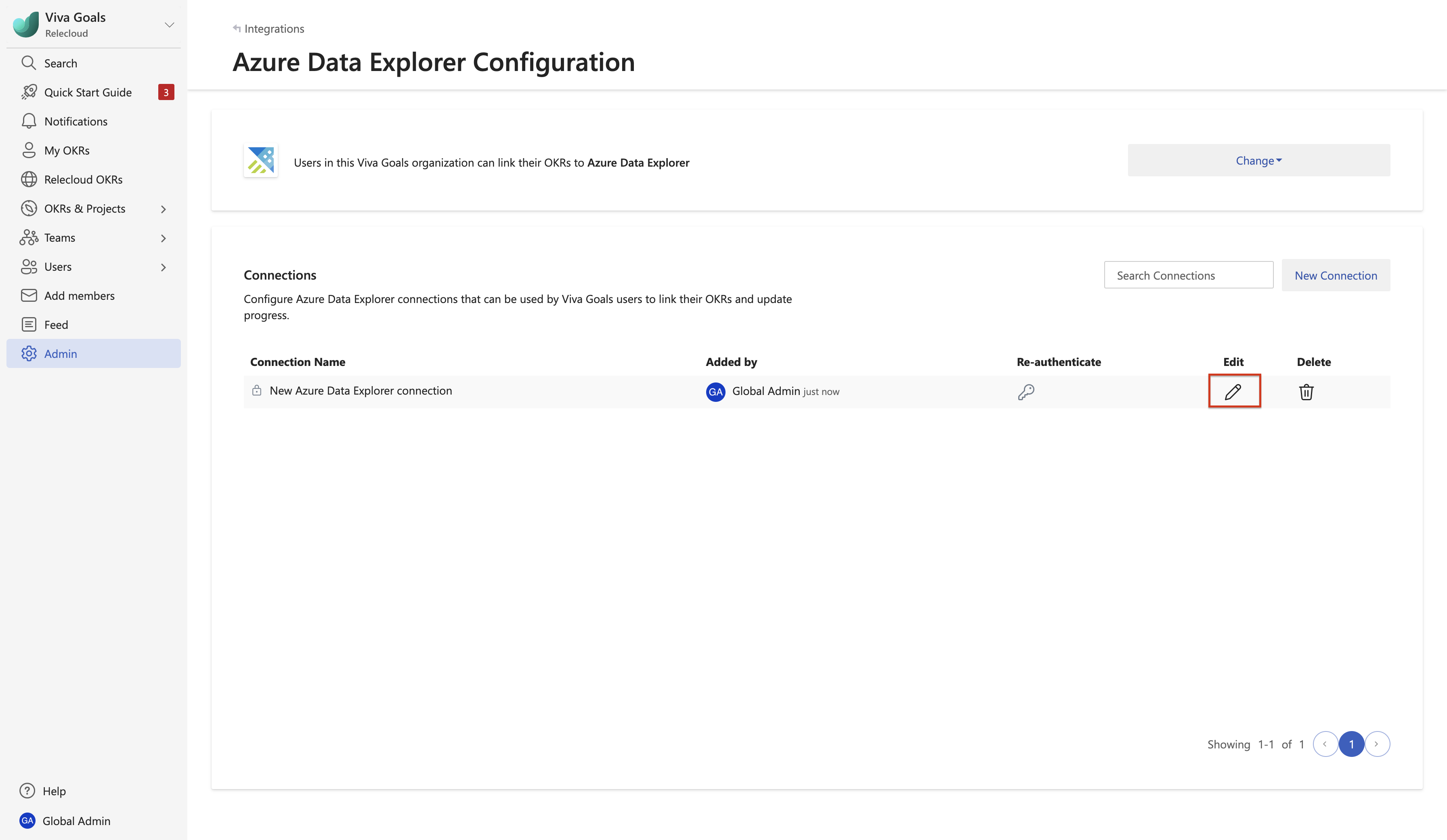 Screenshot: Option zum Bearbeiten der Azure Data Explorer-Verbindung in Viva Goals