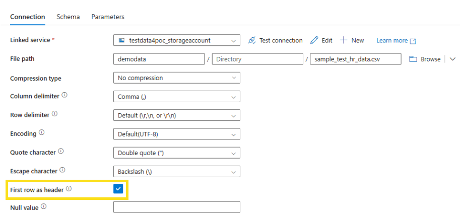 Screenshot: Auswählen der ersten Zeile als Kopfzeile
