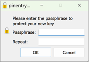 Abbildung der Aufforderung zur Eingabe einer Passphrase zum Schutz Ihres neuen Schlüssels in Kleopatra