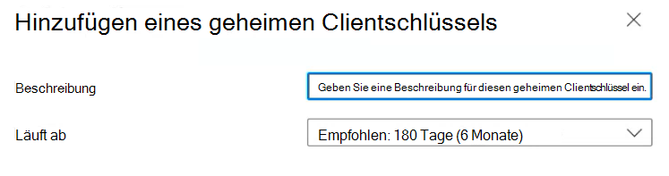 Screenshot: Eingeben einer Beschreibung für den geheimen Clientschlüssel
