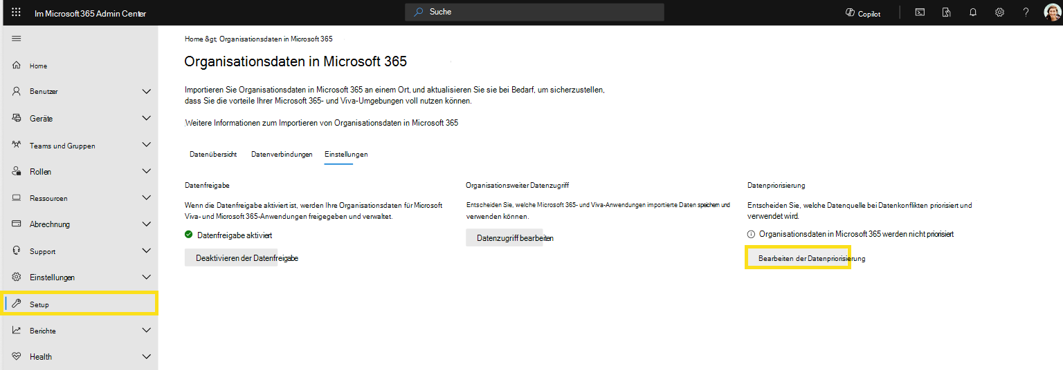 Screenshot: Priorisieren von Organisationsdaten auf der Seite 