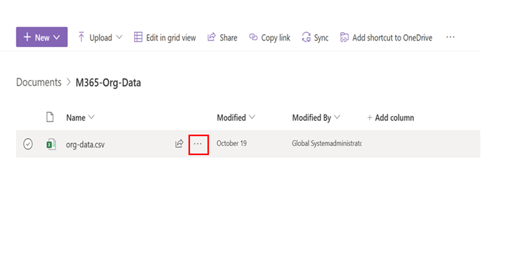 Screenshot: Option mit Auslassungspunkten neben einer Datei in einer SharePoint-Bibliothek 