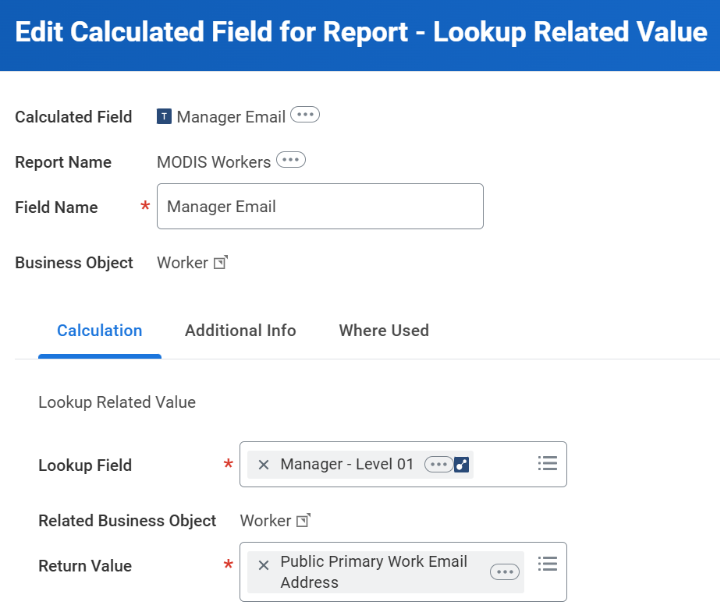 Screenshot: Nachschlagedetails für berechnete Felder. 