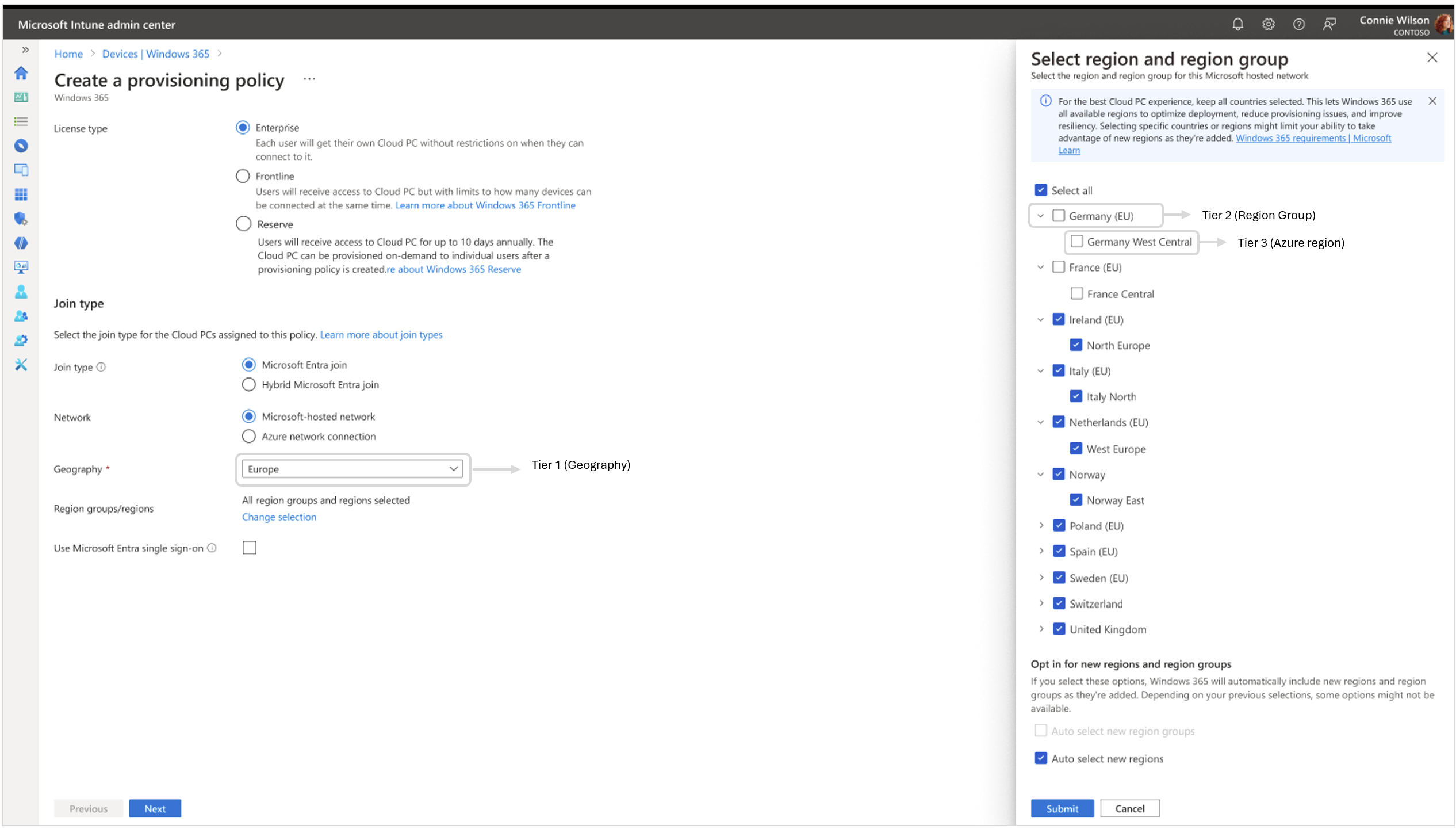 Screenshot: Intune Portal mit den Optionen für Region und Regionsgruppe während der Erstellung einer Bereitstellungsrichtlinie.