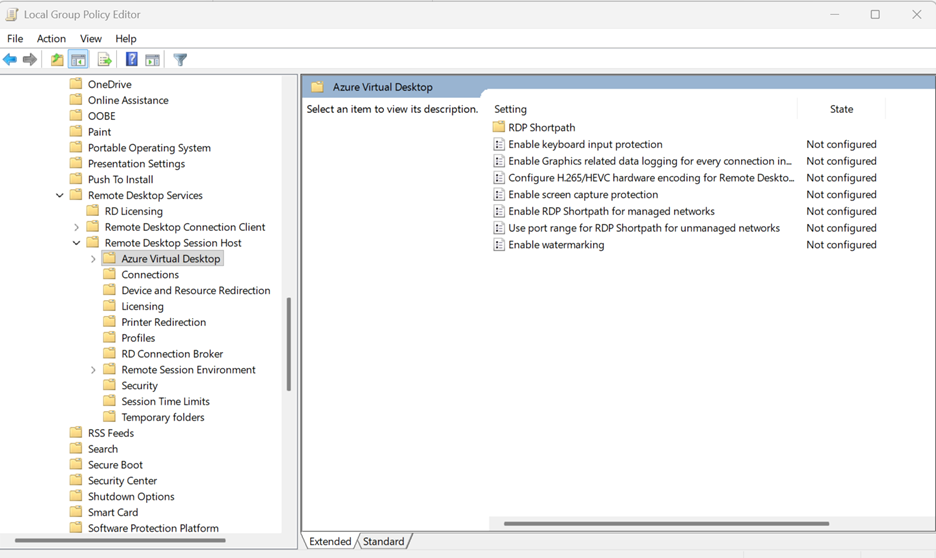 Screenshot des Gruppenrichtlinien-Editors im knoten Azure Virtual Desktop.
