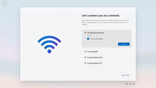 Der Bildschirm „Wir verbinden Sie mit einem Netzwerk“, der WLAN- und Mobilfunknetzwerke anzeigt