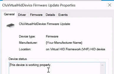 CFU-Firmwareupdateeigenschaftenfenster für virtuelle Hid-Geräte.