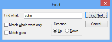 Screenshot des Dialogfelds Suchen in WinDbg bei der Suche nach dem Begriff „echo“.
