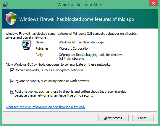 Screenshot: Windows-Sicherheit Warnung mit Auswahlmöglichkeiten, um den Zugriff auf alle drei Netzwerktypen zu ermöglichen.