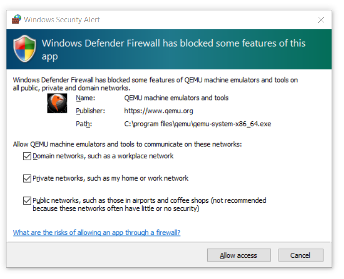 Windows Defender Dialogfeld Firewall, in dem alle drei Optionen aktiviert sind.