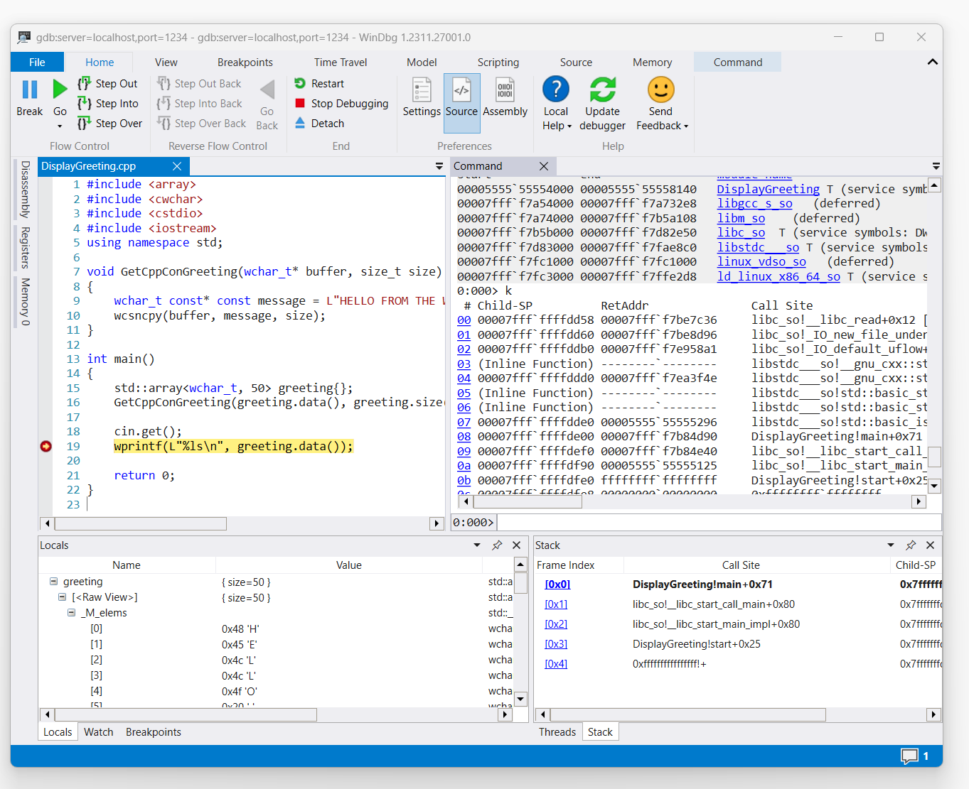 Screenshot des Codes in DisplayGreeting.cpp in WinDbg mit festgelegtem Haltepunkt in Zeile 19, wprint