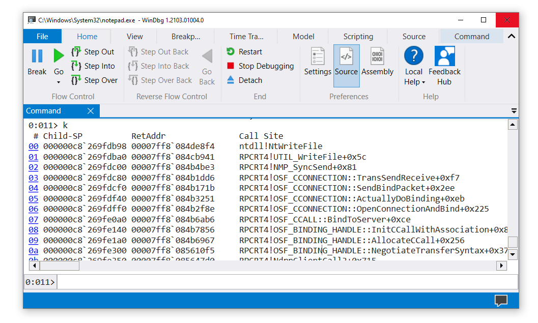 Screenshot of a stack trace in WinDbg.