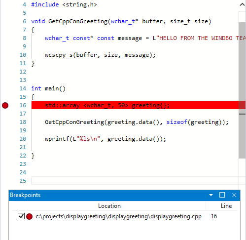 Screenshot des Quellcodefensters in WinDbg mit einem Haltepunkt, der auf std::array gesetzt wurde.