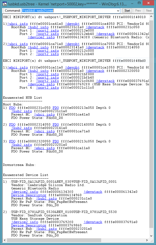Screenshot der Ausgabe des !usbkd.usb2tree-Befehls, der UHCI- und EHCI-Informationen sowie eine Liste der aufgezählten Hubs anzeigt.