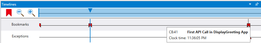 Die Zeitleiste zeigt drei Lesezeichen an, wobei der Mauszeiger über ein Lesezeichen bewegt wird und den Namen des Lesezeichens anzeigt.