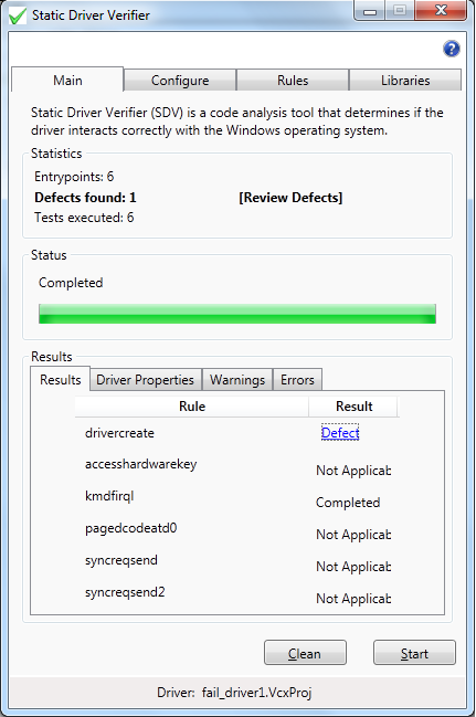 Screenshot der Zusammenfassung der Ergebnisse in Visual Studio nach dem Ausführen der statischen Treiberüberprüfung