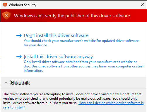 Screenshot des Windows-Sicherheitsdialogfelds für einen Treiber ohne gültige Signatur.