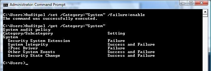 Screenshot des Eingabeaufforderungsfensters, der die Verwendung von Auditpol zur Aktivierung der Sicherheitsüberwachung veranschaulicht.